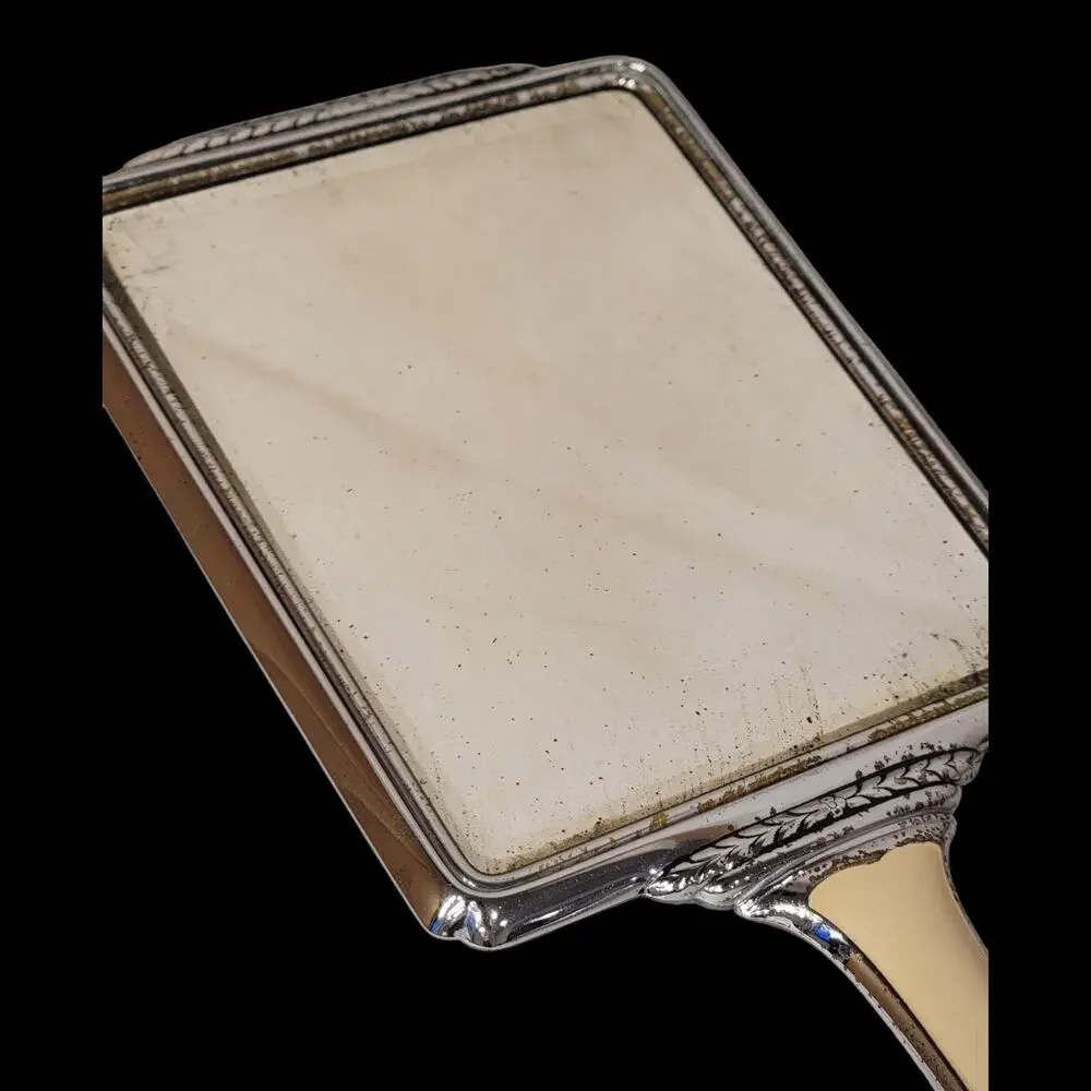Vintage Cream Lucite Hand Mirror Silver-Tone Floral Frame Monogram Plate 14